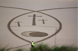 The three crosses and empty tomb as depicted by Mario